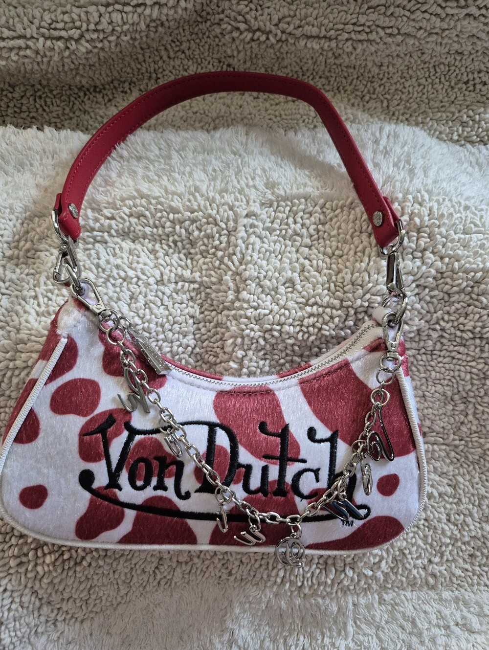 NWT Von Dutch Red Cow Print Faux Fur Shoulder Bag Y2K Coquette Mini Purse